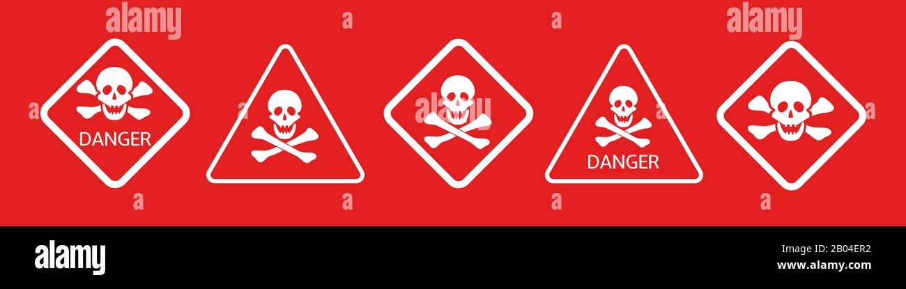 Warnhinweise Gefahrenhinweise. Schädel- und Knochensymbole. Warnhinweis Gefahr Warnkonzept Symbole auf rotem Hintergrund Stock Vektor