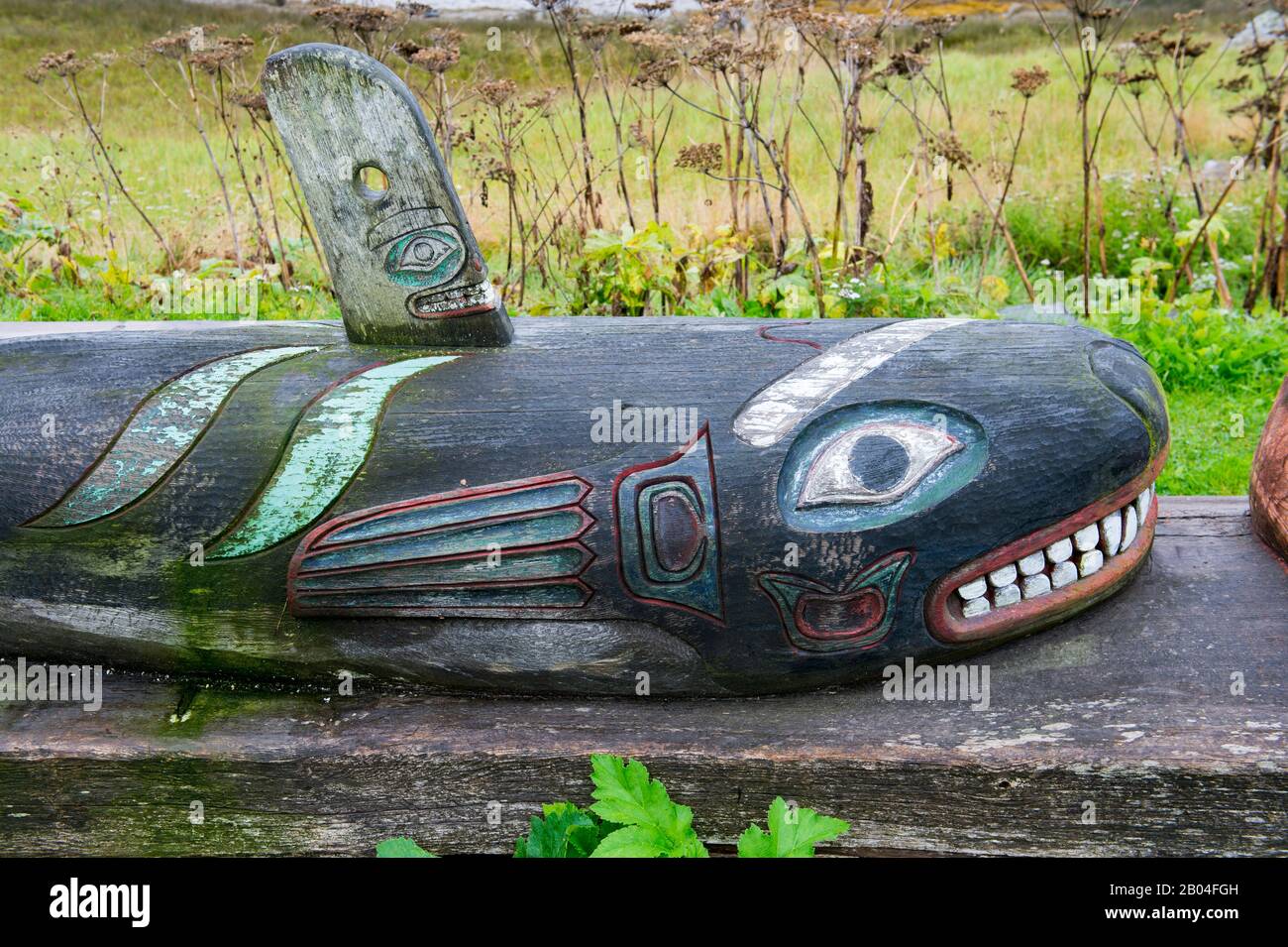 Killerwal Tlingit Totempfahl auf Chief Shakes Island, einem Historischen Monument in der Stadt Wrangell auf der Insel Wrangell, Tongass National Forest, Southeast Al Stockfoto