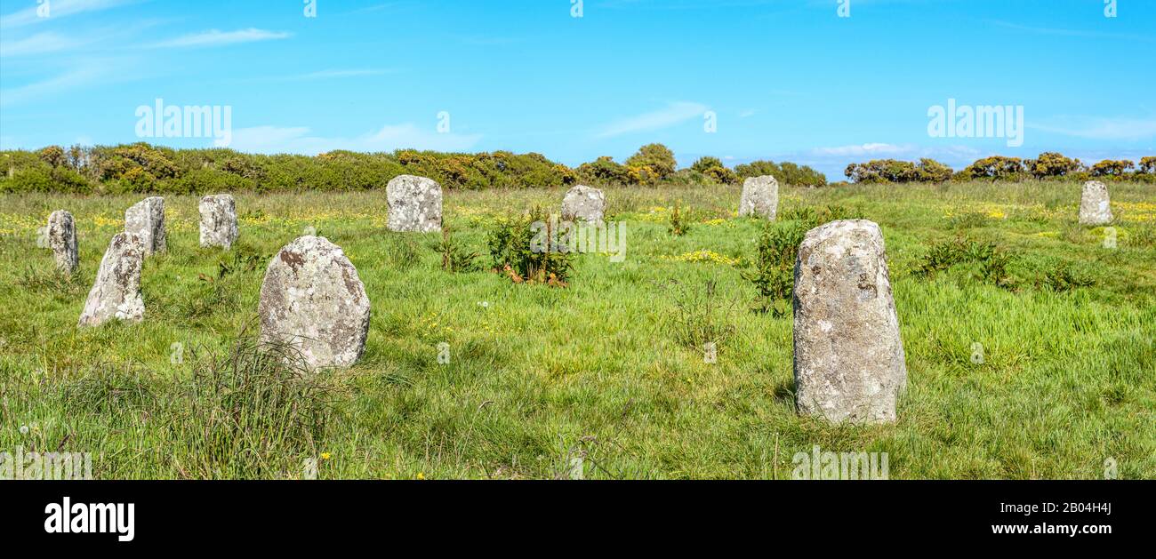 Stone Circle Merry Maidens oder Dawn's Men, ein spätneolithischer Steinkreis in Cornwall, Großbritannien Stockfoto