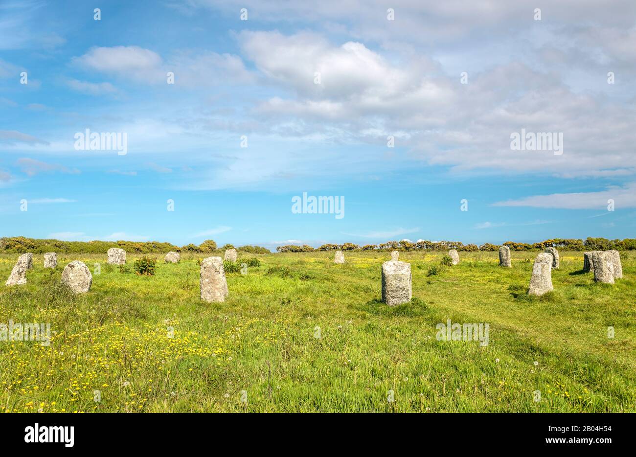 Stone Circle Merry Maidens oder Dawn's Men, ein spätneolithischer Steinkreis in Cornwall, Großbritannien Stockfoto