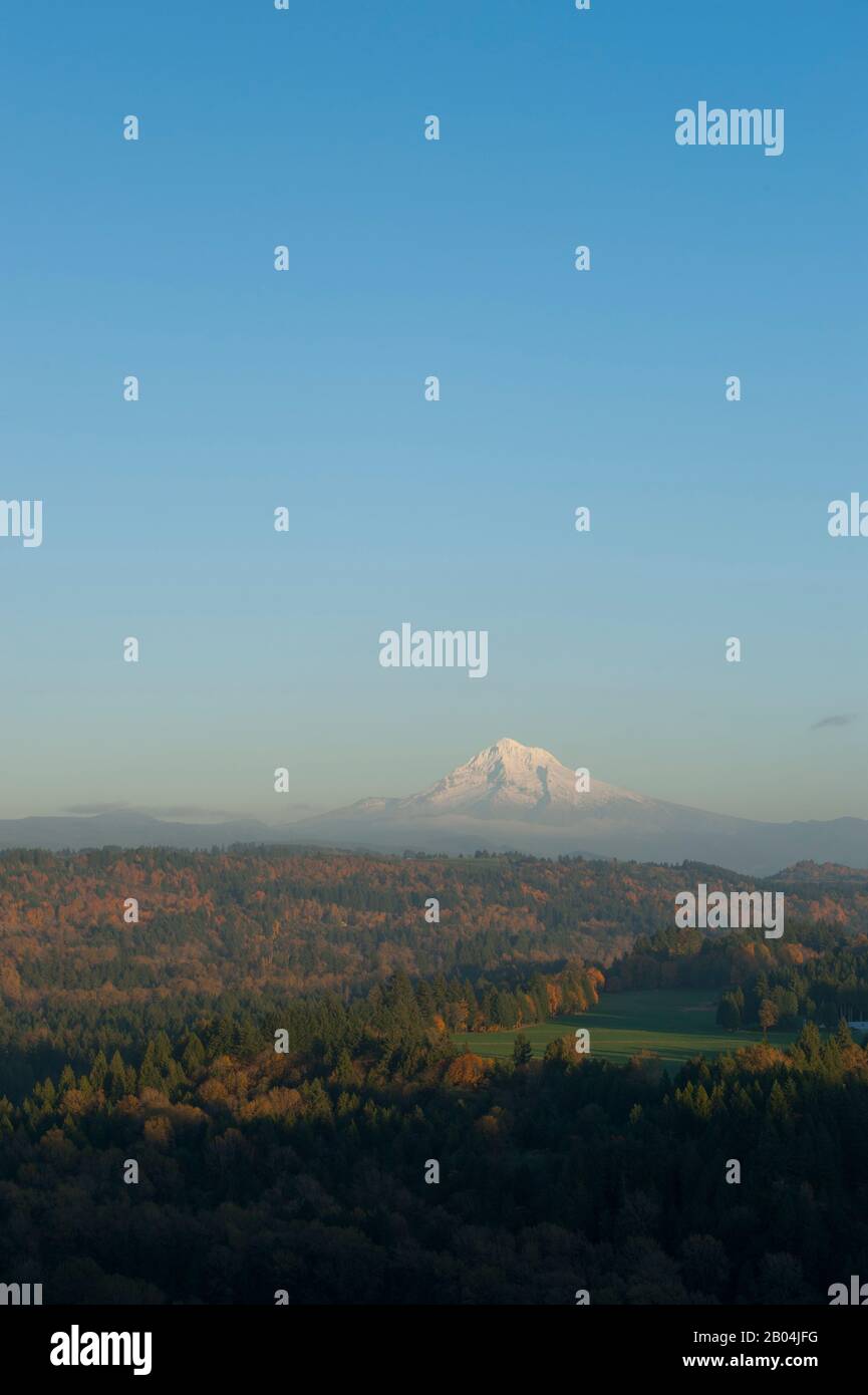 Blick im Herbst vom Jonsrud Aussichtspunkt auf das Sandy River Valley, das Cascade Mountains und Mt. Hood in der Nähe Von Sandy in Oregon, USA. Stockfoto