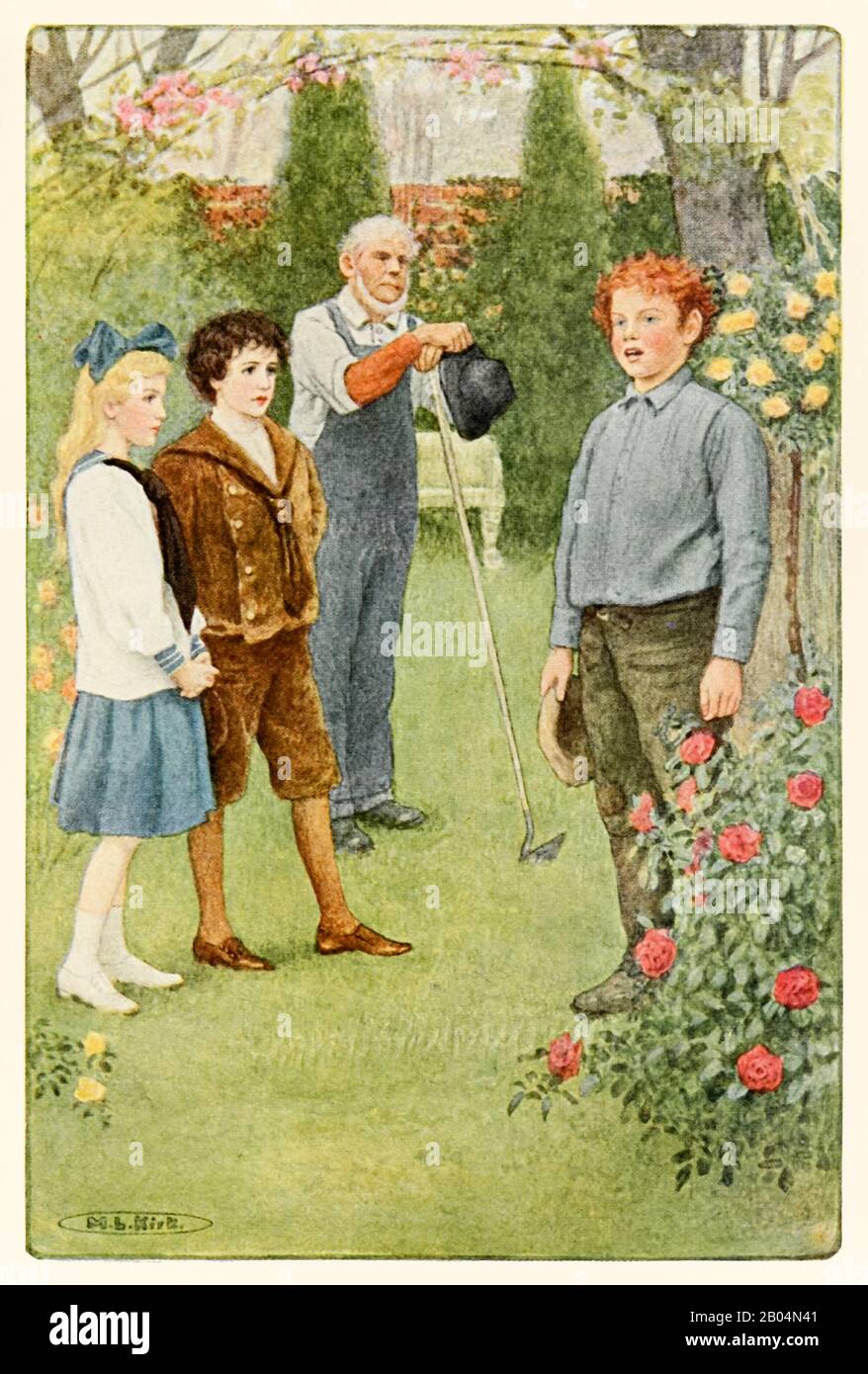 "Gott Loben, von dem alle Segnungen fließen" aus Dem Geheimgarten von Frances Hodgson Burnett (1849-1924). Illustration zeigt Gesang an Ben Weatherstaff, Colin und Mary im Rosengarten. Foto der ersten amerikanischen Ausgabe, die im Jahr 1911 mit Illustrationen von Maria Louise Kirk (1860-1938) veröffentlicht wurde. Stockfoto