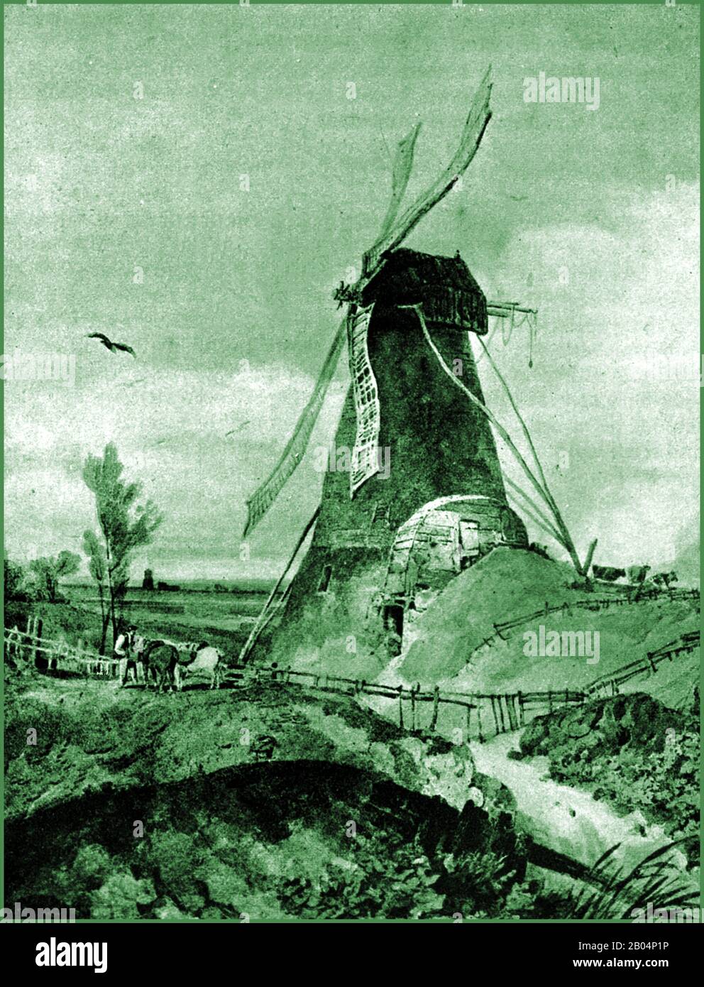 Ein historisches Gemälde einer ehemaligen alten, von Stiefel geformten Windmühle mit vier Segeln in Lincoln, England, soll von einer Frau miller betrieben worden sein und von einigen behauptet worden sein, die 'Alte Frau, die in einem Baumschulreim lebte, inspiriert zu haben, der erstmals im Jahr 174 veröffentlicht wurde. (Roud Folk Song Index 19132) Stockfoto