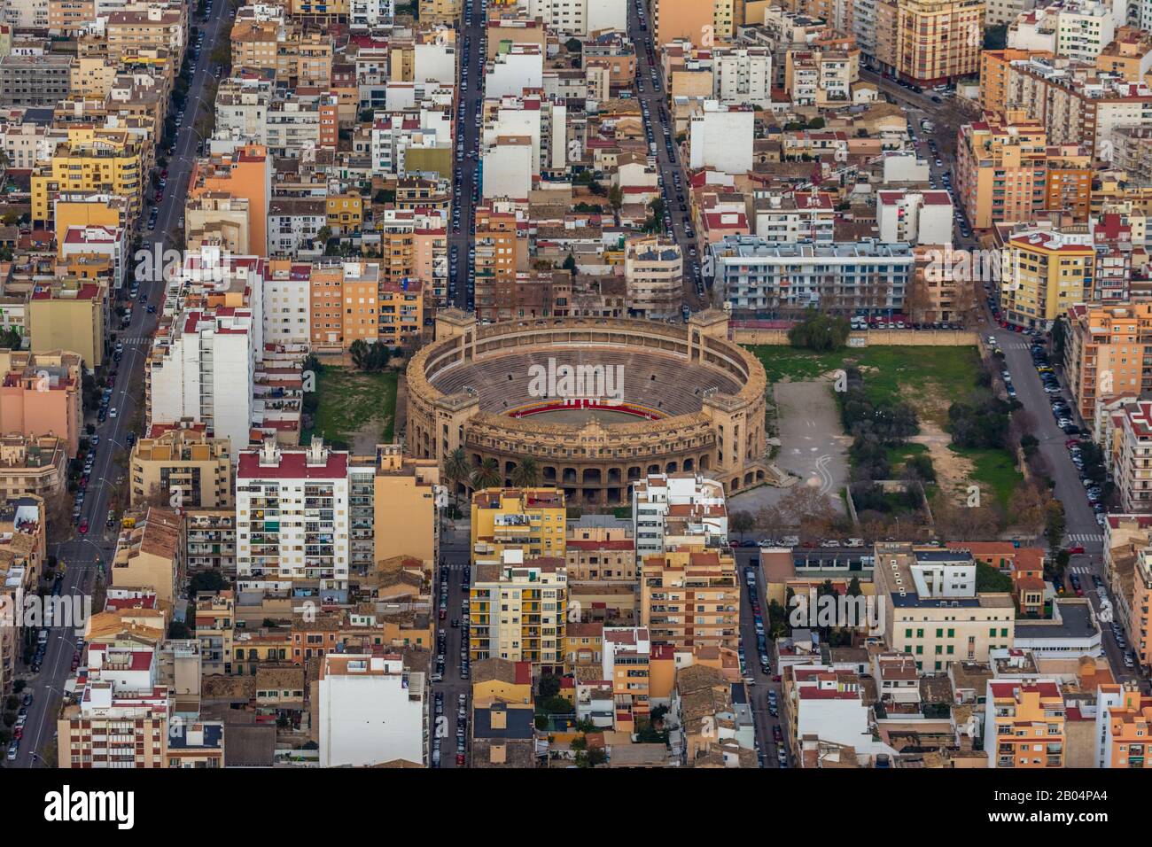 Luftbild, Plaza de Toros de Palma, Stierkampfarena, Palma, Mallorca, Spanien, Europa, Balearen, Arena, Avinguda Gaspar de Bennazar, Colisseu Balear Stockfoto