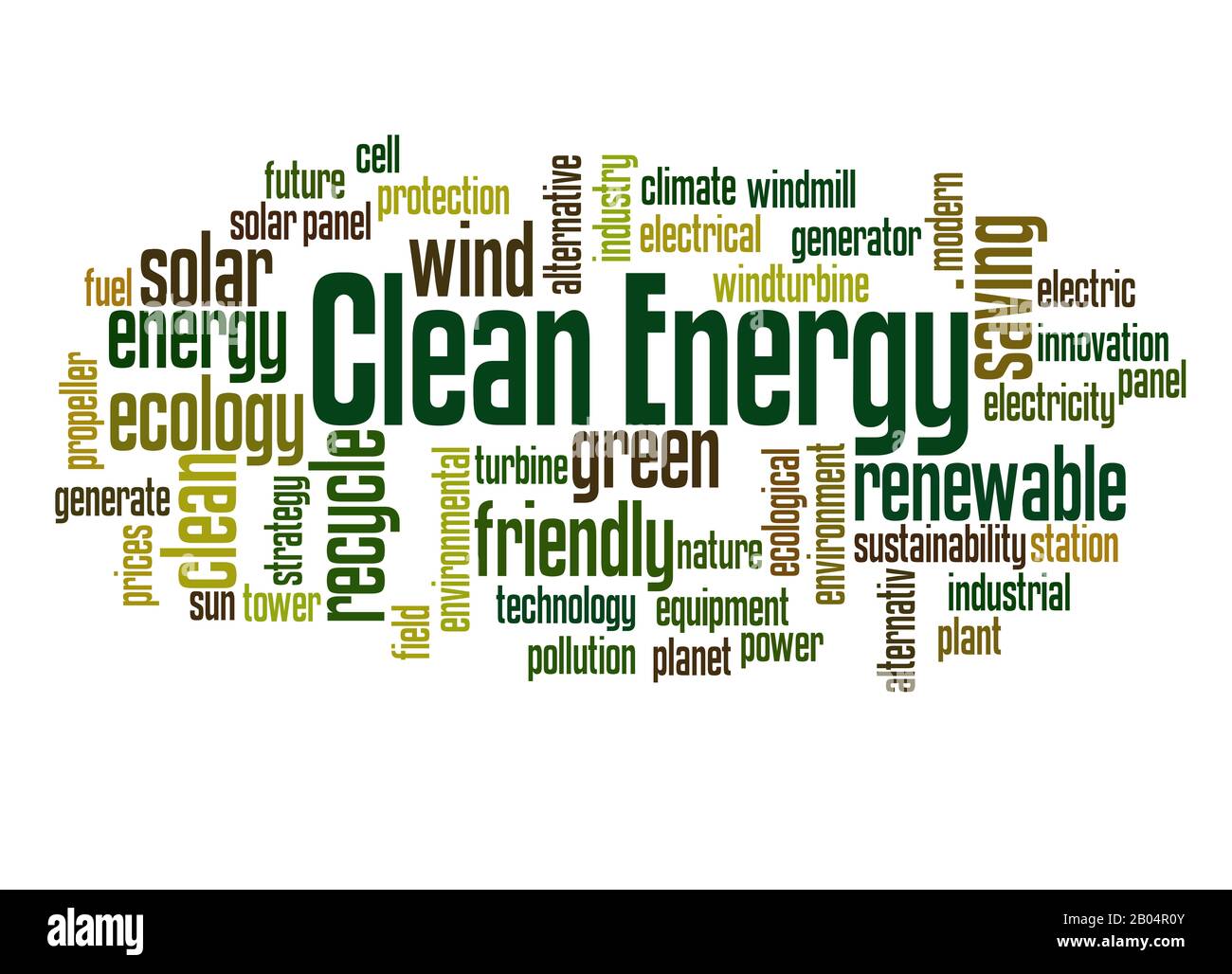 Clean Energy Word Cloud Konzept auf weißem Hintergrund. Stockfoto