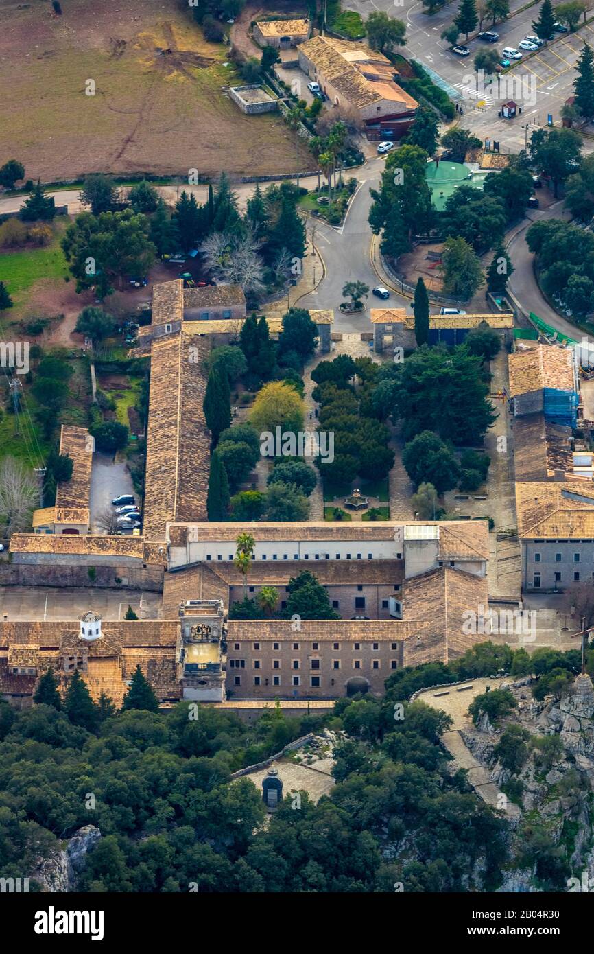 Luftbild, Insel, Santuari de Lluc, Klosteranlage, Escorca, Mallorca, Balearen, Spanien, Europa, es, Berge, Hotel, Hotelanlagen, Stockfoto