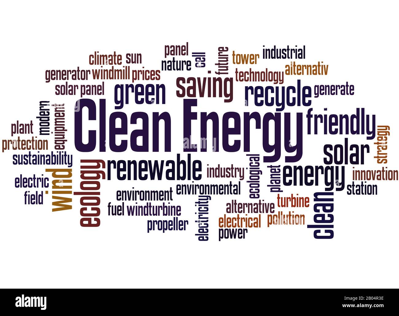 Clean Energy Word Cloud Konzept auf weißem Hintergrund. Stockfoto