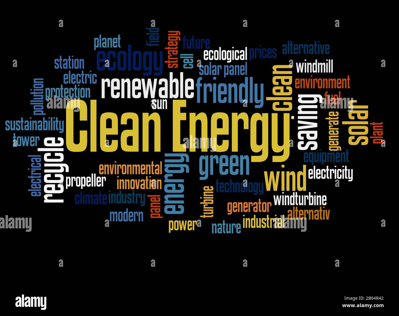 Clean Energy Word Cloud Konzept auf schwarzem Hintergrund. Stockfoto