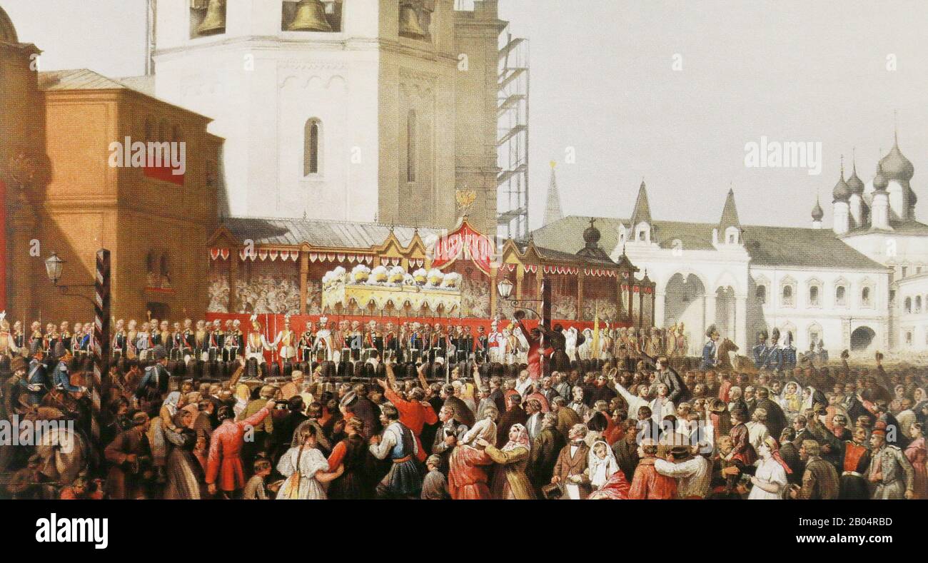 Der Festzug im Moskauer Kreml am Tag der Krönung des russischen Kaiser Alexander II. Nikolawitsch und der Kaiserin Maria Alexandrovna am 26. August 1856. Das Gemälde des 19. Jahrhunderts. Stockfoto