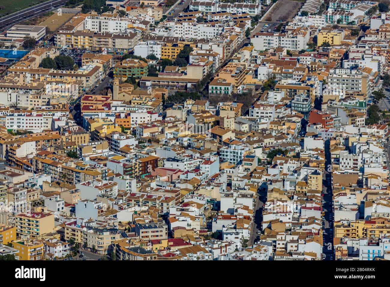 Luftbild, Insel, Wohngebiet am Hafen, Port de Pollença, Pollença, Mallorca, Balearen, Spanien, Europa, es, Grundsteuer, Hochhausbui Stockfoto