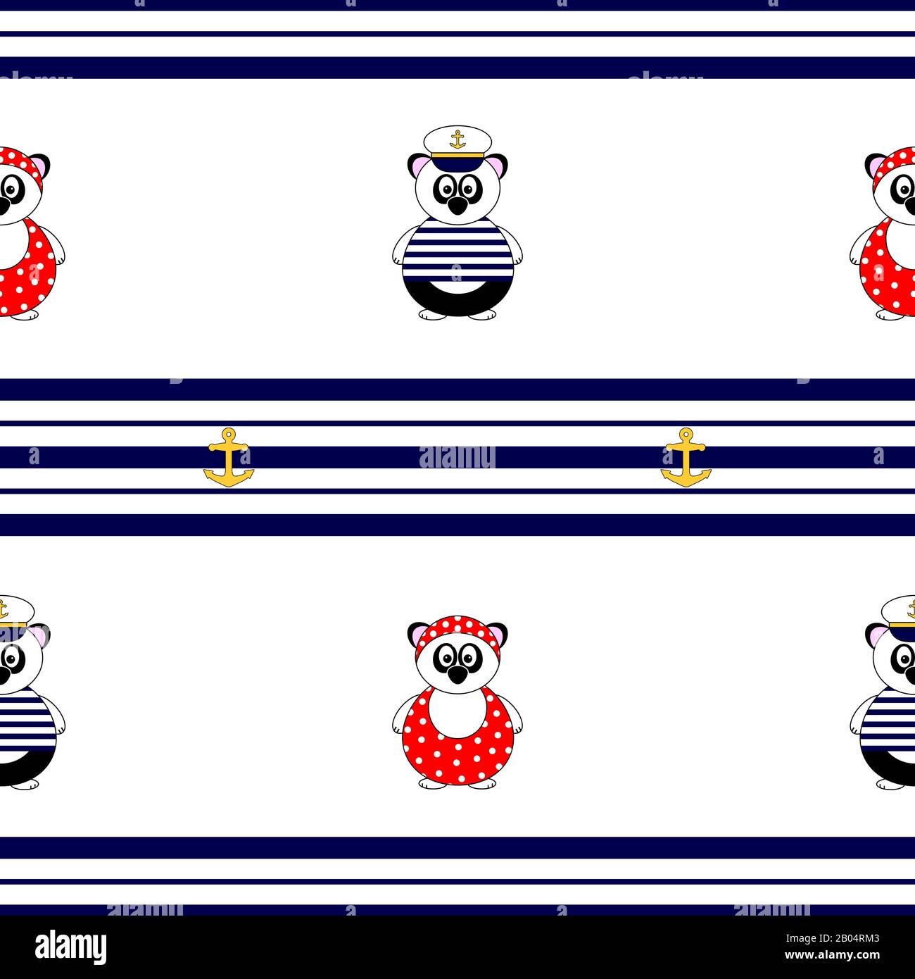 Süßes marineblaues Muster mit nahtlosem Vektormuster, Panda-Bär im Badeanzug und Kapitänshut und blauen Streifen Stock Vektor