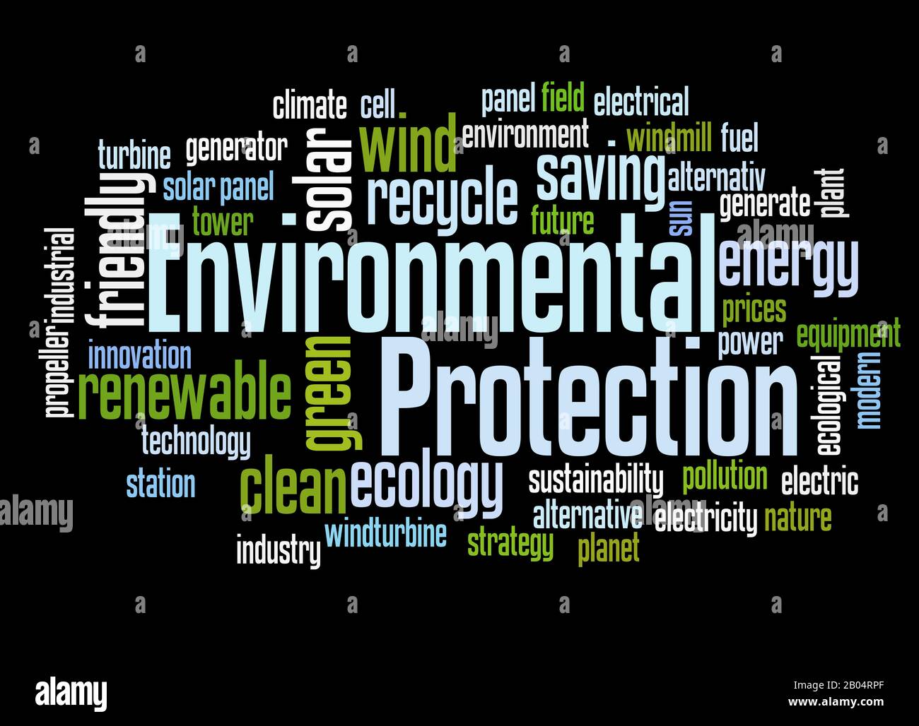 Umweltschutz Wort Cloud-Konzept auf schwarzem Hintergrund. Stockfoto