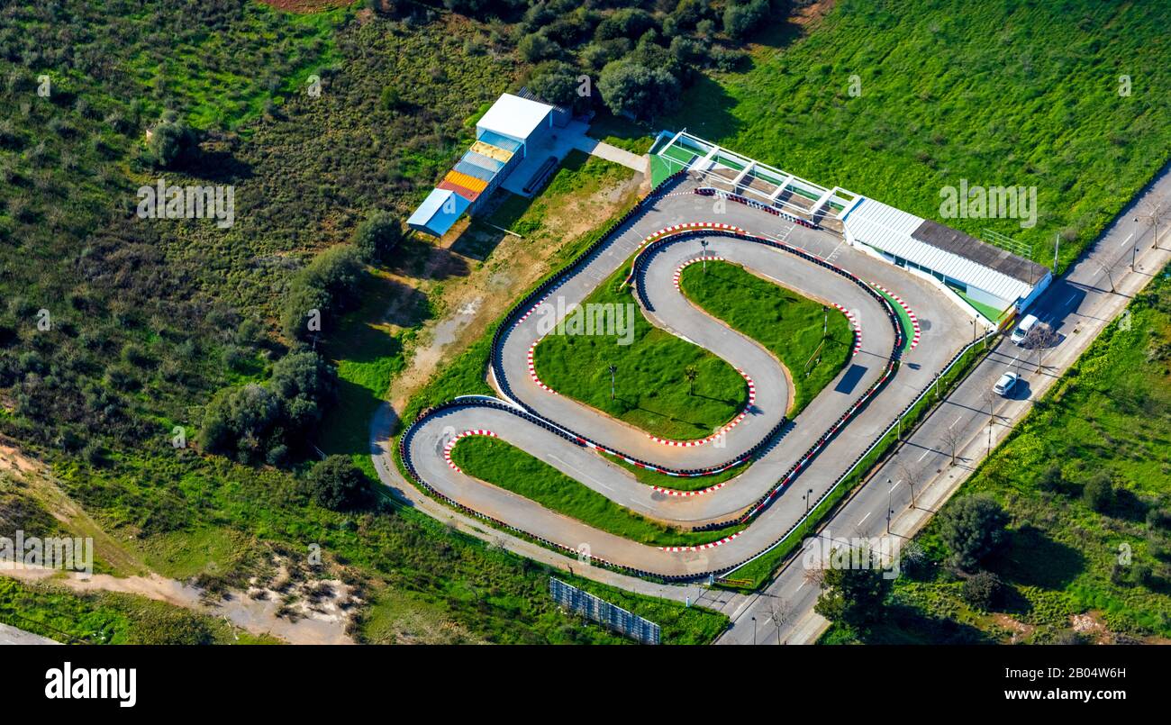 Luftbild, Insel, Kartbahn Cala Millor, Gokartbahn, Son Moro, Sant Llorenç des Cardassar, Mallorca, Balearen, Spanien, Europa, es, Rec Stockfoto