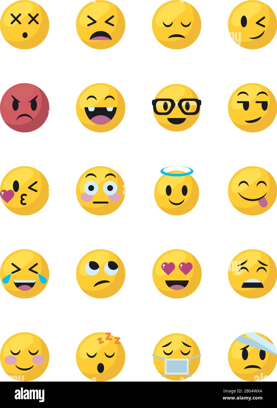 Emojis Gesichter flacher Stil Symbol Set Design, Cartoon Ausdruck niedlich Emoticon Charakter Profil Gesichts-Spielzeug schmückend und soziale Medien Thema Vector Illustration Stock Vektor