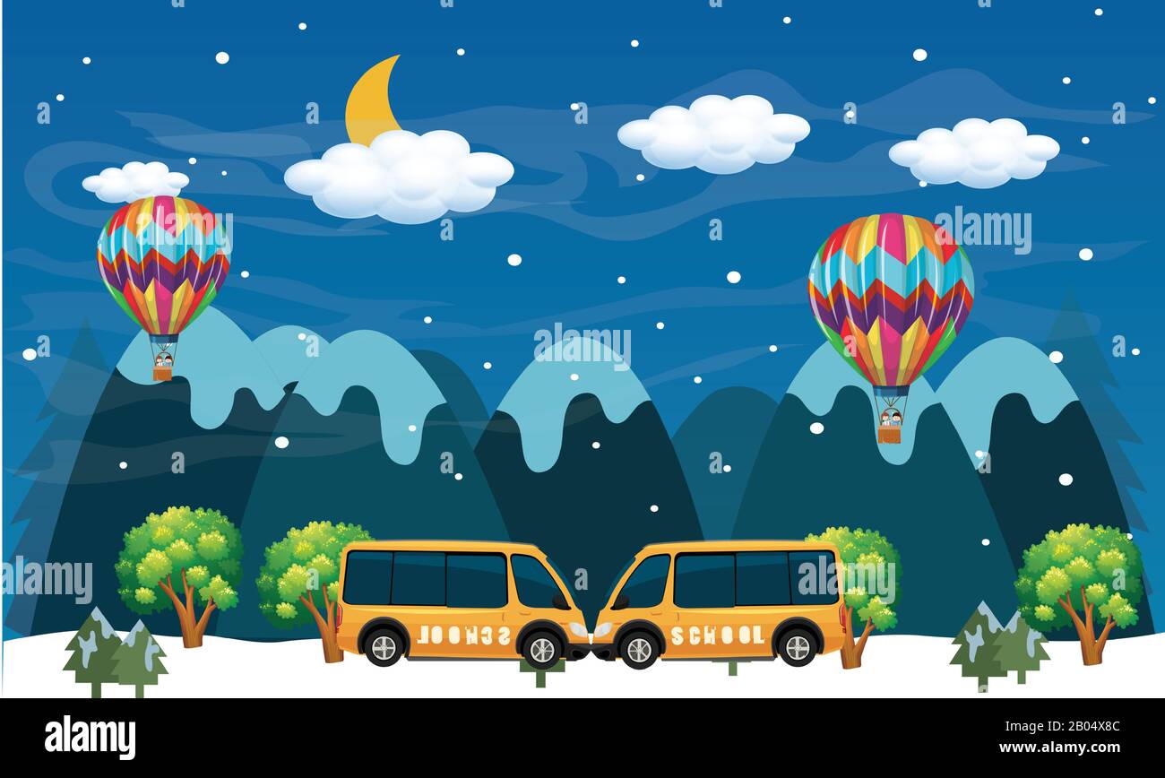 Auf Schneehügel geparkte Autos fliegen Heißluftballons Stock Vektor