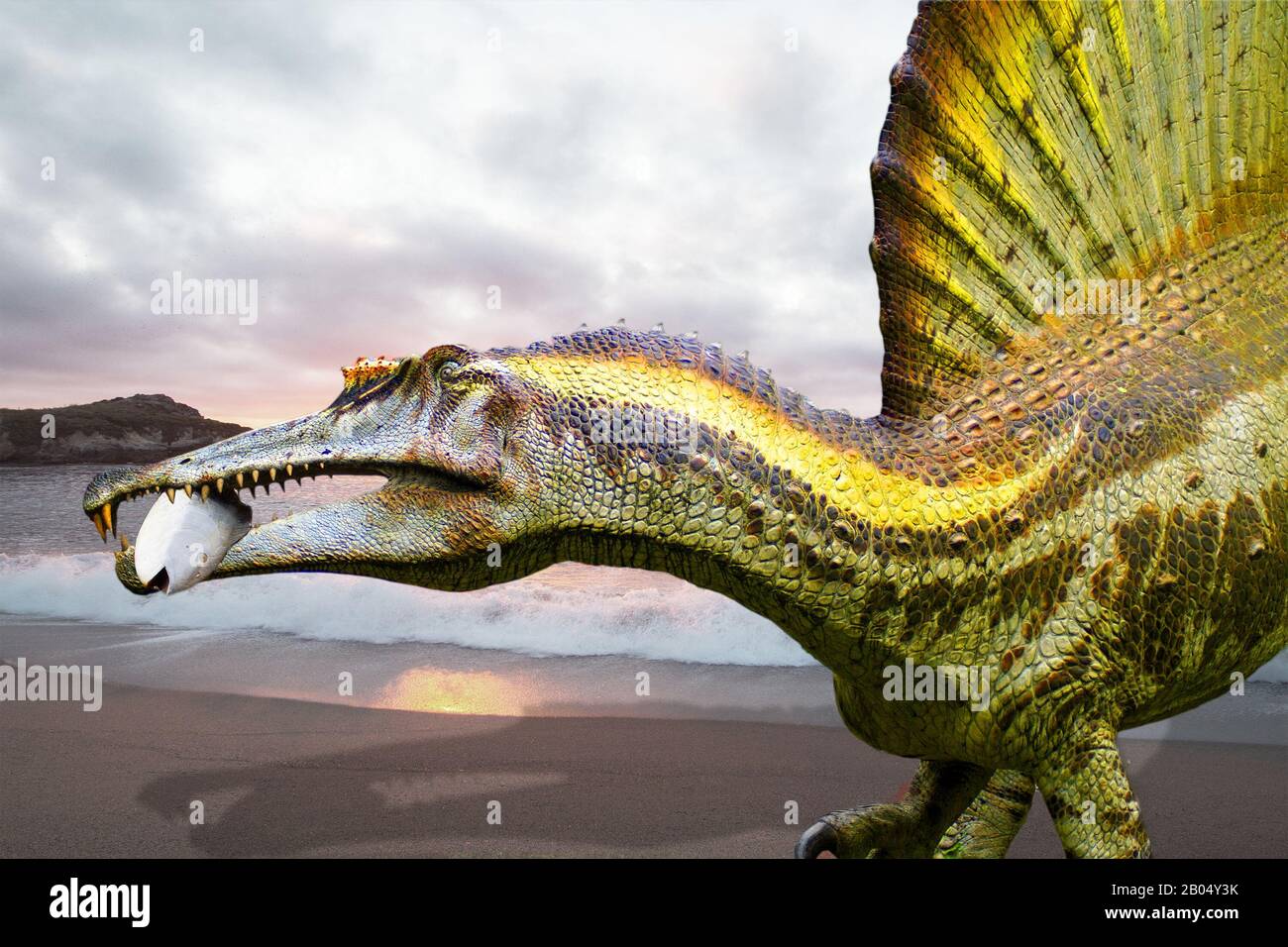 Ein Spinosaurus, der vor dem Ufer eines Strandes fischt Stockfoto