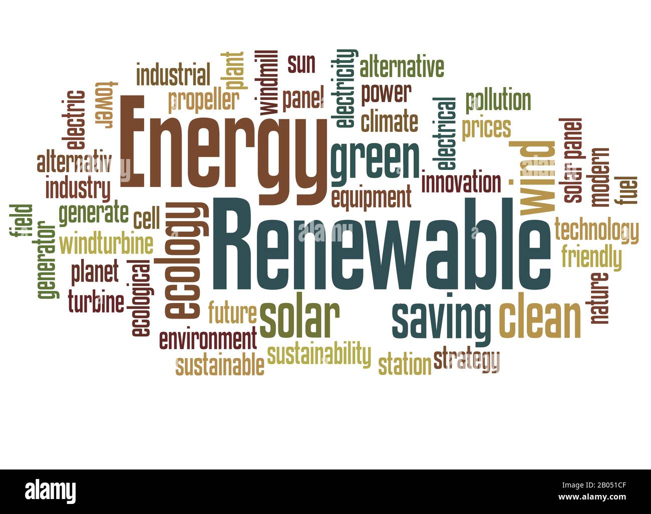 Wort "Erneuerbare Energien"-Konzept auf weißem Hintergrund. Stockfoto