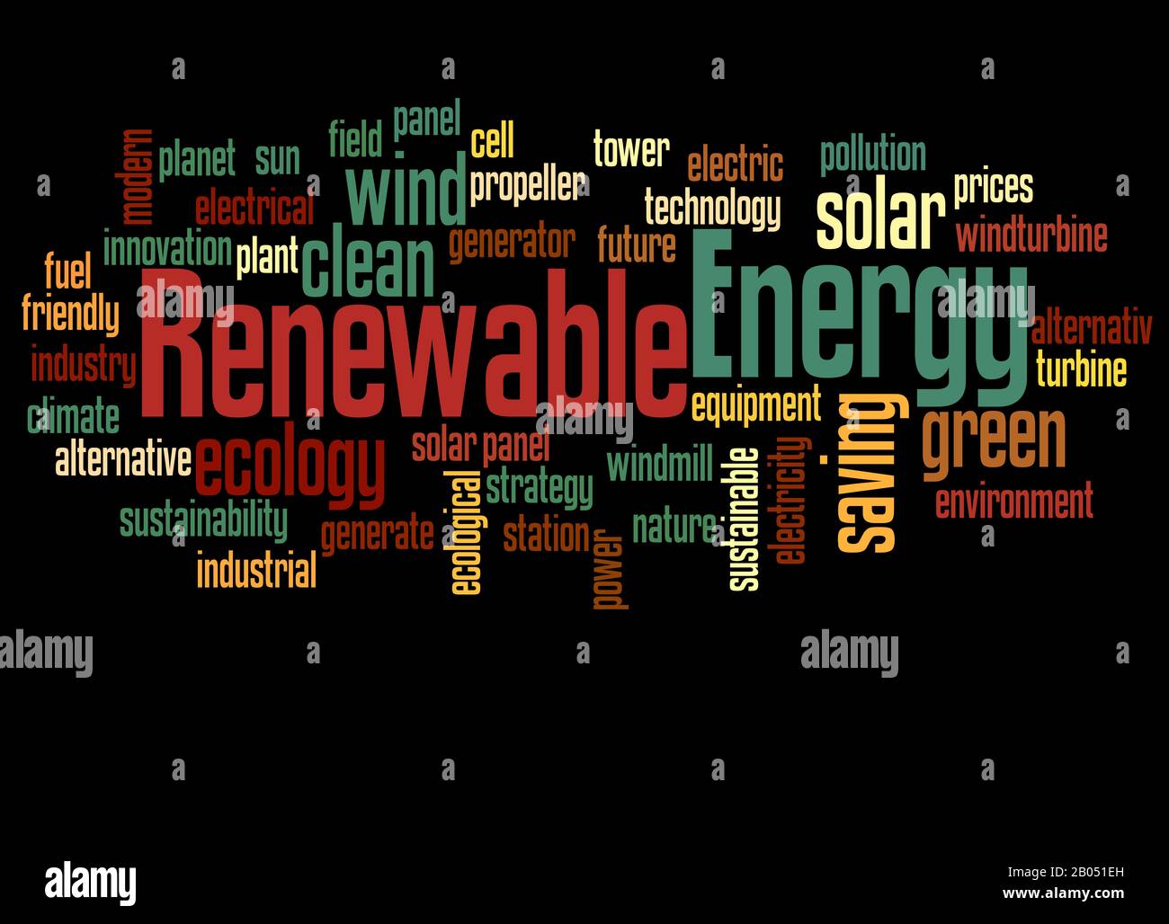 Wort "Cloud" für erneuerbare Energien auf schwarzem Hintergrund. Stockfoto