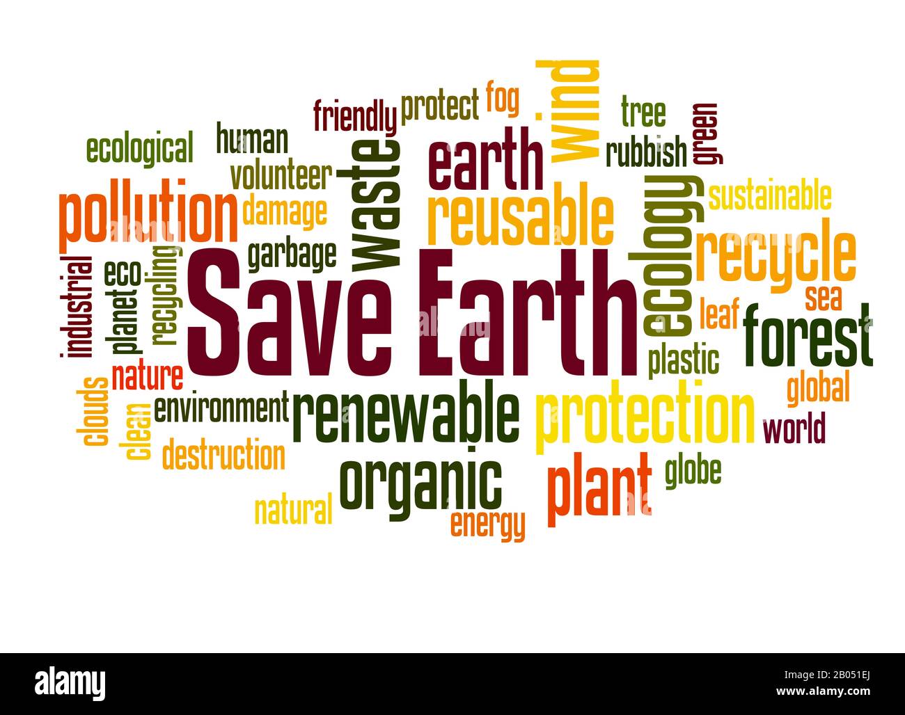 Save Earth Word Cloud Konzept auf weißem Hintergrund. Stockfoto