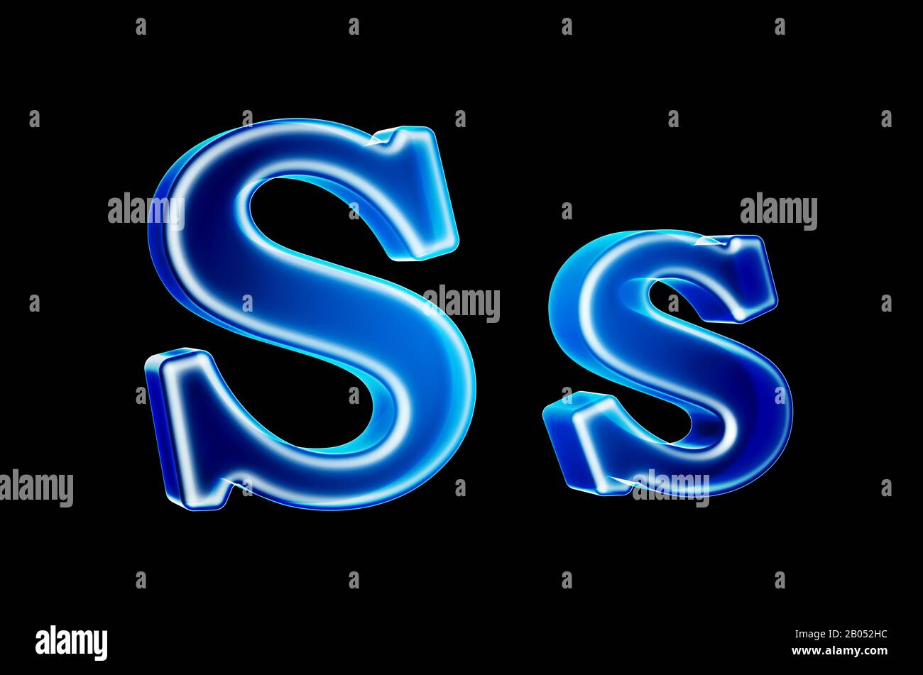 Buchstaben S mit Hologrammeffekt, 3D-Rendering auf schwarzem Hintergrund Stockfoto