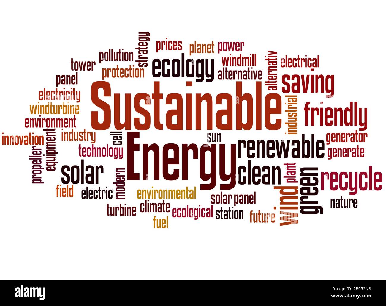 Nachhaltige Energie Wort Cloud Konzept auf weißem Hintergrund. Stockfoto