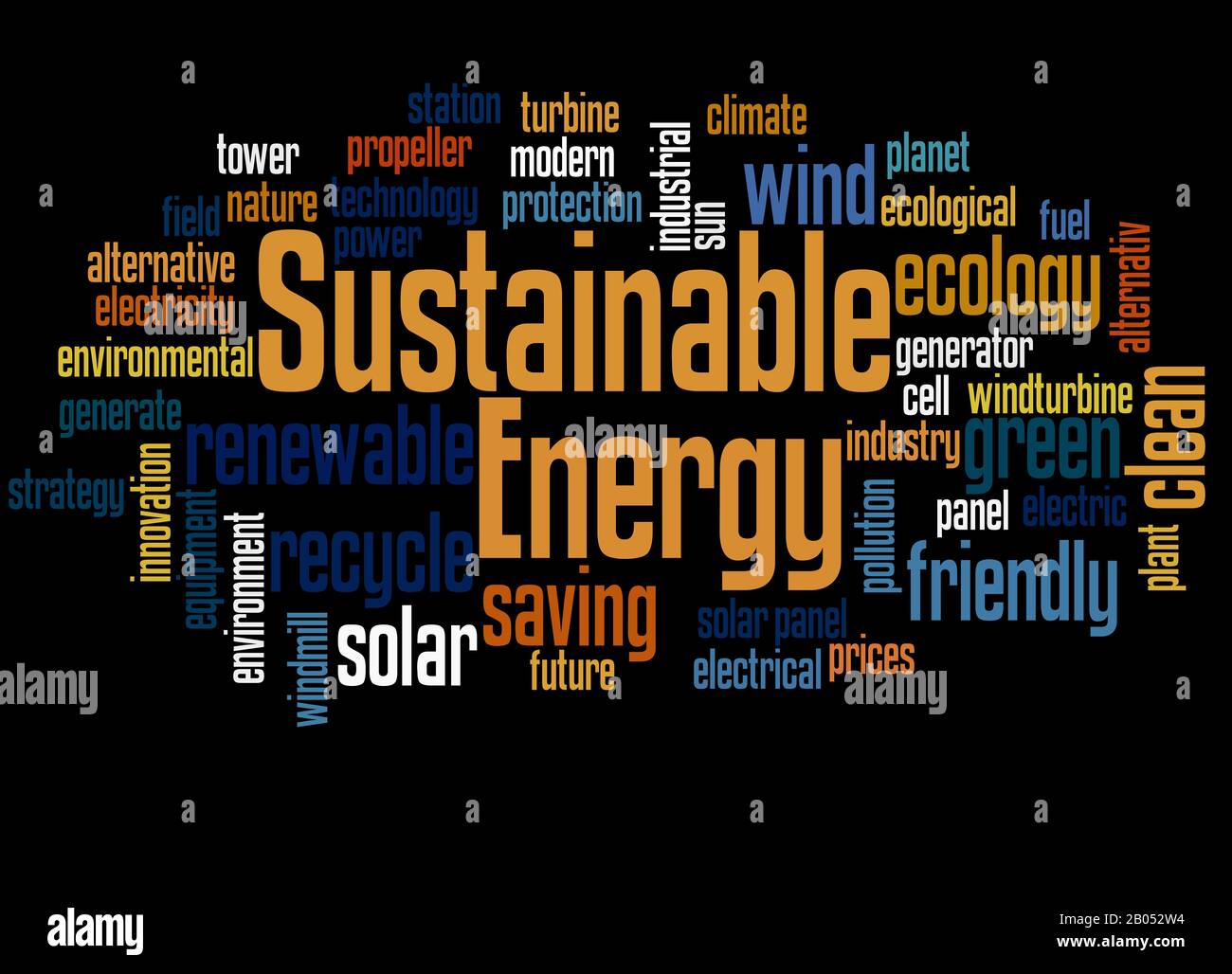 Nachhaltige Energie Wort Cloud Konzept auf schwarzem Hintergrund. Stockfoto