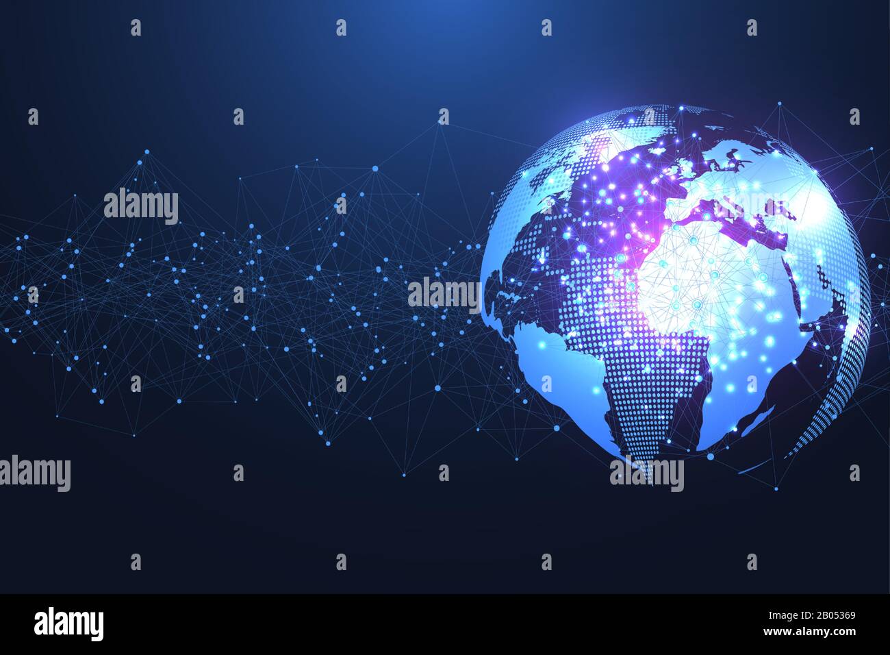 Globale soziale Netzwerk. Netzwerk- und Datenverbindung Konzept. Weltweite Internet und Technologie. Dynamische Wellen von Plexus licht Leitungen angeschlossen Stock Vektor