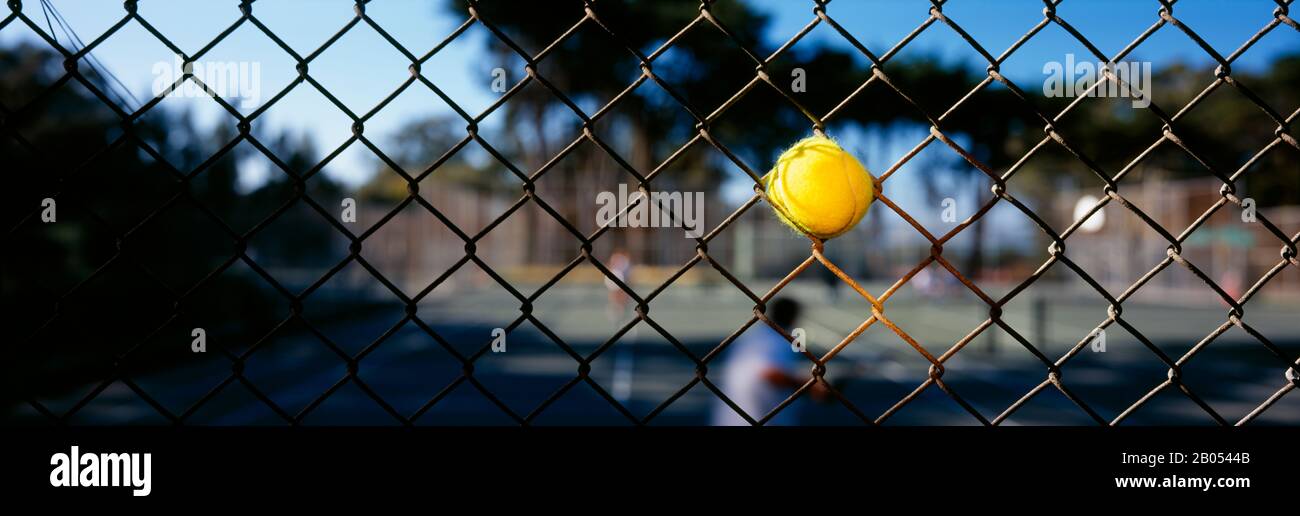 Nahaufnahme eines Tennisballs in einem Zaun, San Francisco, Kalifornien, USA Stockfoto
