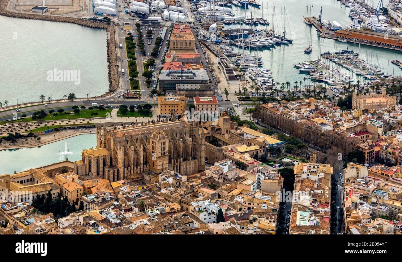 Luftbild, Blick auf die Stadt und Hafen, Santa Iglesia Catedral de Mallorca, Kathedrale von Palma, Palau Reial de L'Almudaina, Königspalast, Canamunt, Palma, Ma Stockfoto