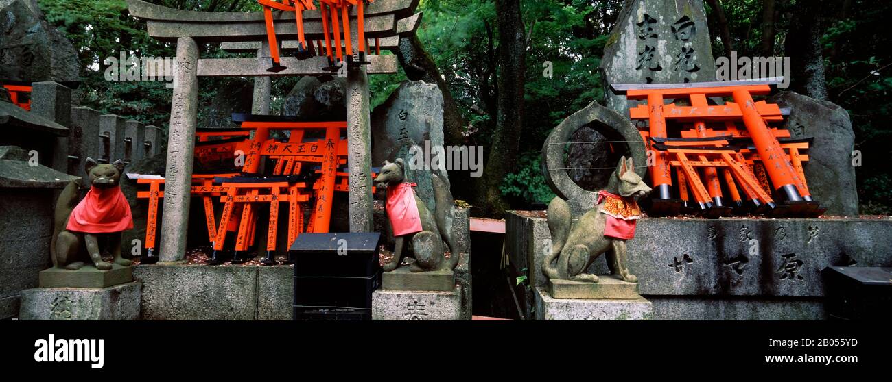 Fuchs-Statuen an einem Schrein, Fushimi Inari-Taisha, Fushimi Ward, Kyoto, Präfektur Kyoto, Kinki Region, Honshu, Japan Stockfoto