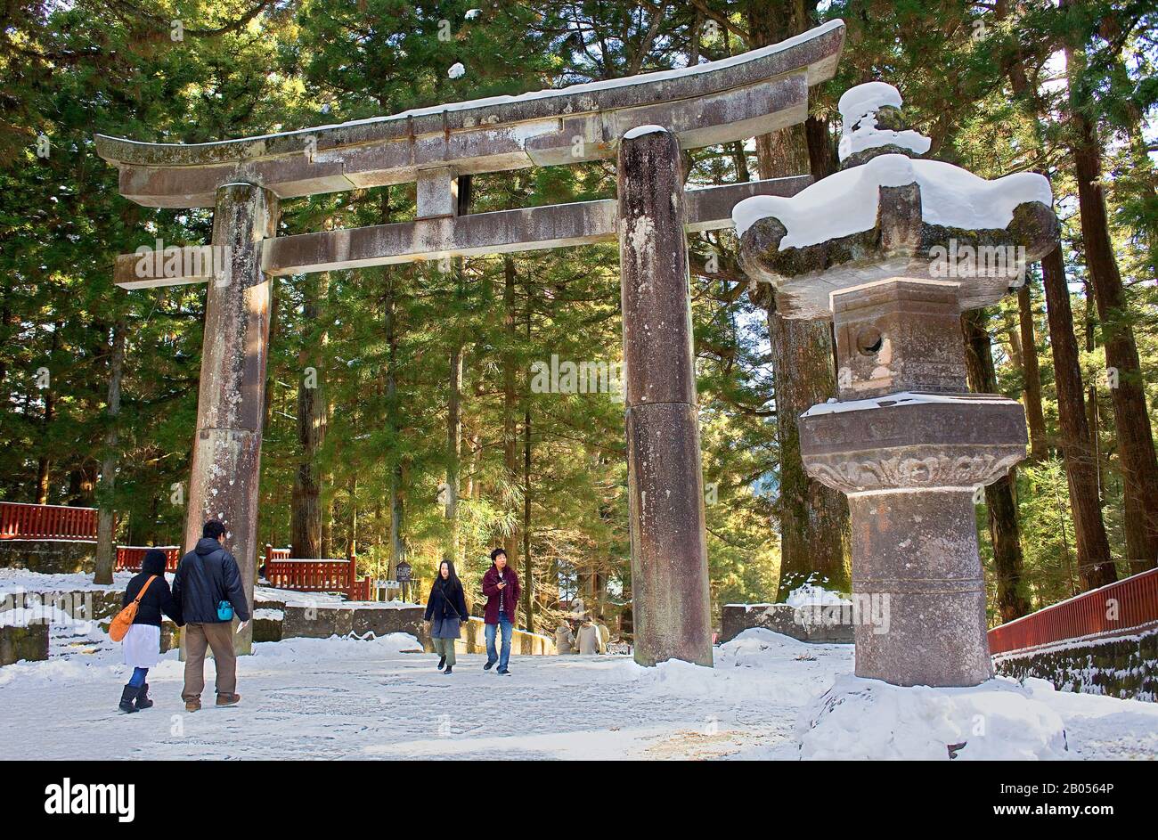 Stein, Torii, Tor, Laterne am Eingang des Tosho-gu Schreins, Nikko, Japan Stockfoto