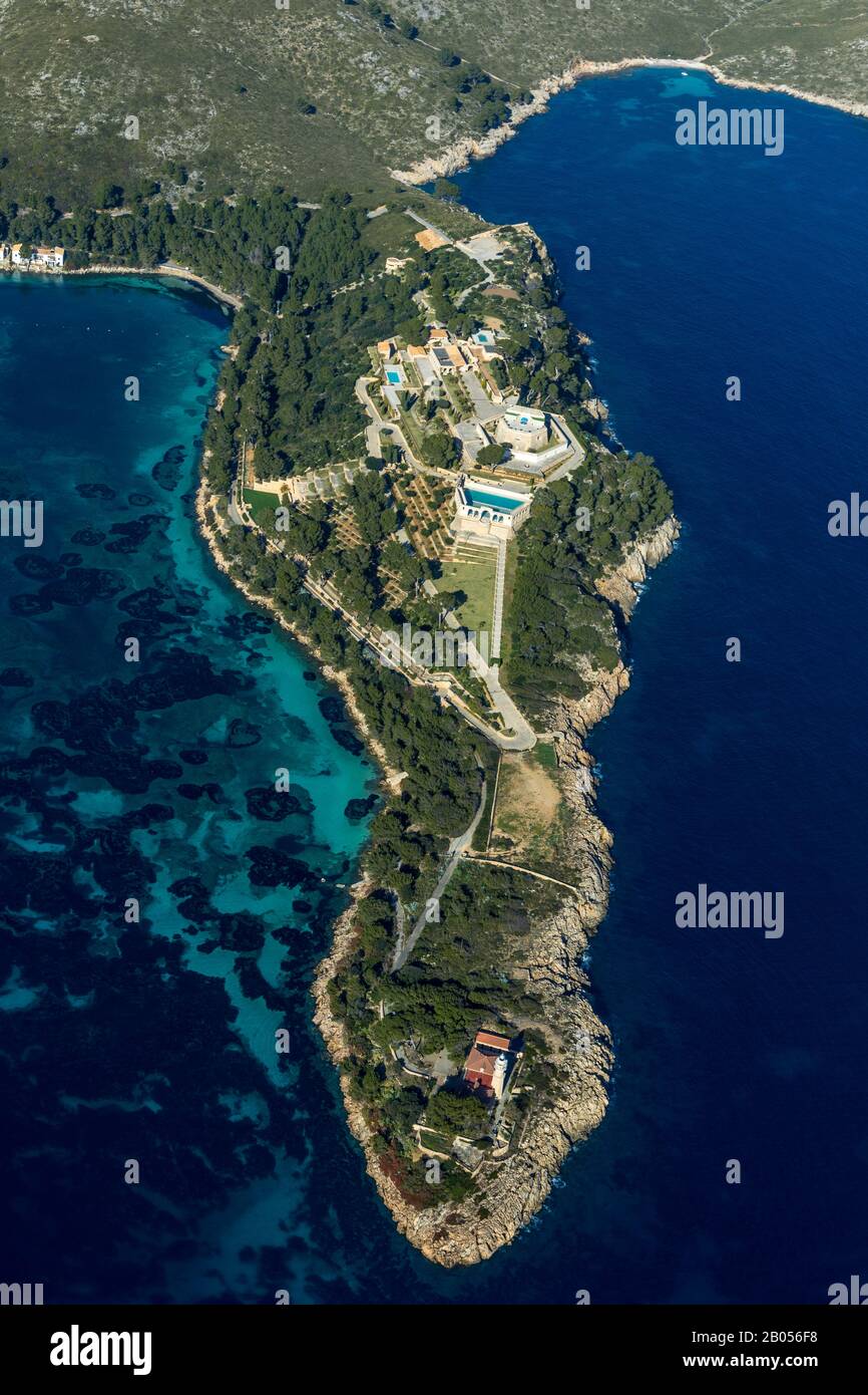 Luftbild, Halbinsel Les Pedreres, Faro de Punta de la Avanzada Leuchtturm, Festung von Albercutx, Pollença, Mallorca, Balearen, Spanien, Euro Stockfoto