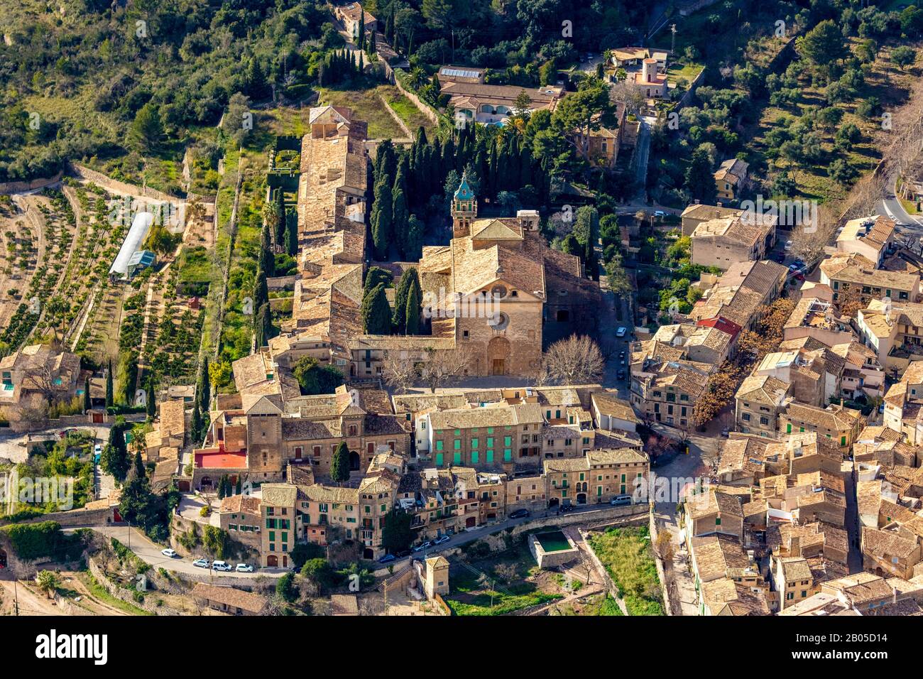 Kloster und Museum Cartoixa de Valldemossa, ehemaliges Wohngebäude von Ferederic Chopin und George Sand, 09.01.2020, Luftbild, Spanien, Balearen, Mallorca, Valldemossa Stockfoto