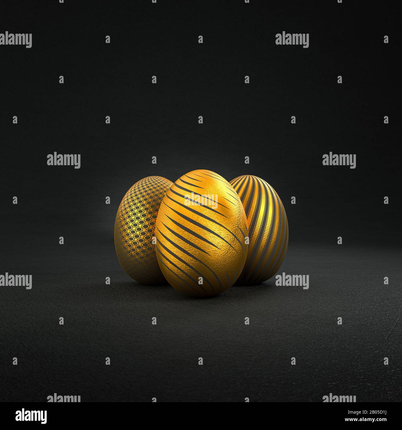 Luxuriöse ostereier mit verschiedenen Mustern in Gold, die auf einem dunkel strukturierten Hintergrund stehen. Kopieren Sie den Abstand für einzelne vertikale oder horizontale cro Stockfoto