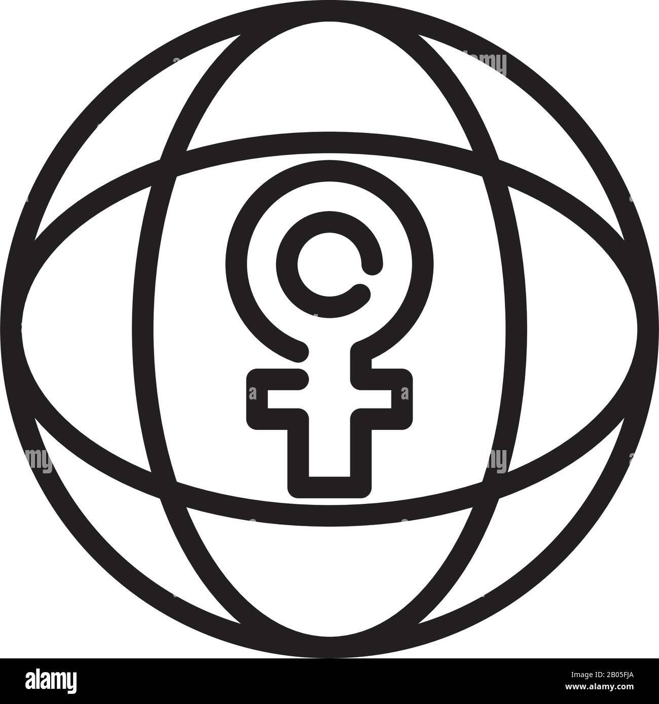 Globale Kugel mit weiblichem Geschlechtersymbol über weißem Hintergrund, Linienformsymbol, Vektorgrafiken Stock Vektor