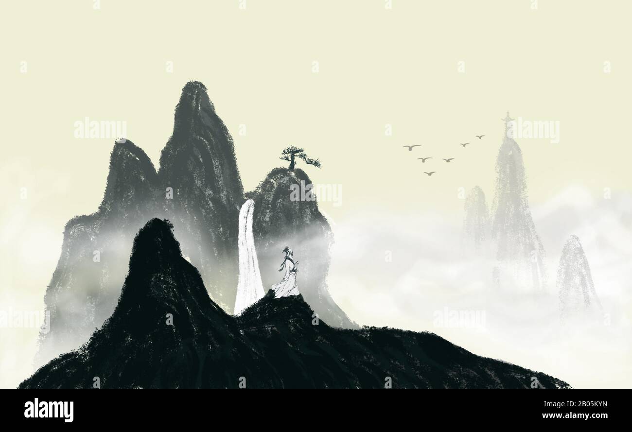 Farbgemälde im Querformat mit chinesischem Stil Stockfoto