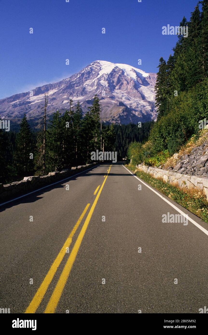USA, WASHINGTON, MT. RAINIER NATIONALPARK, SCHÖNER BLICK VON DER STRASSE MIT MT. RAINIER IM HINTERGRUND Stockfoto