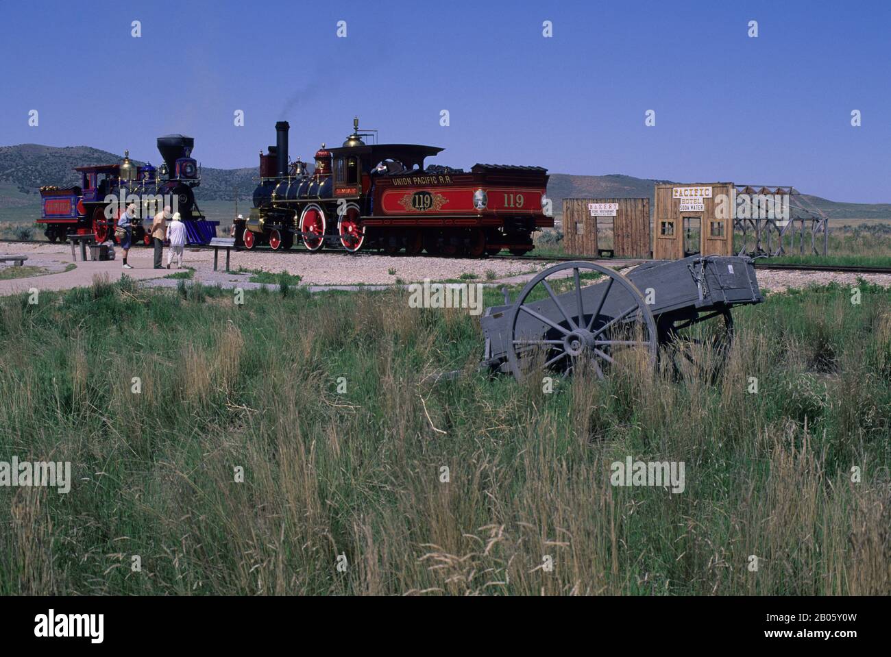 USA, UTAH, PROMONTORY POINT, GOLDEN SPIKE NATIONAL HISTORIC SITE, TREFFPUNKT VON EISENBAHNSTRECKEN Stockfoto