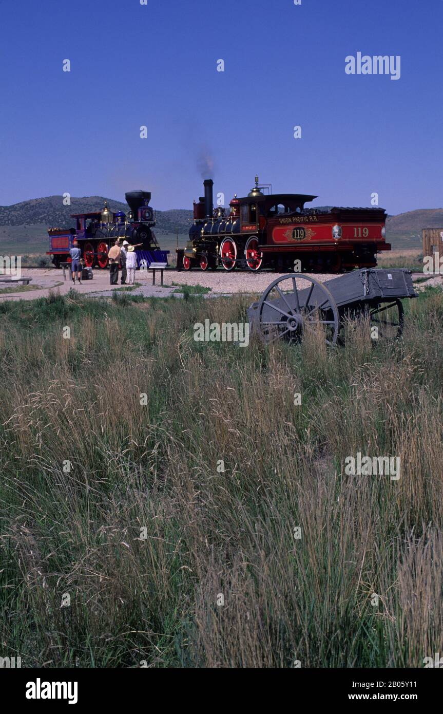 USA, UTAH, PROMONTORY POINT, GOLDEN SPIKE NATIONAL HISTORIC SITE, TREFFPUNKT VON EISENBAHNSTRECKEN Stockfoto