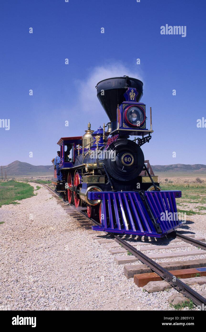 USA, UTAH, PROMONTORY POINT, GOLDEN SPIKE NATIONAL HISTORIC SITE, CENTRAL PACIFIC STEAM ENGINE Stockfoto