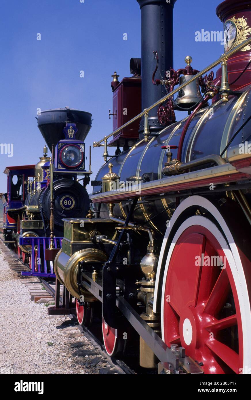 Der Jupiter (offiziell bekannt als Central Pacific Railroad #60, erbaut im Jahr 1868) machte Geschichte, um sich auf Dem Promontory Summit, Utah, zu treffen (der andere ist der Stockfoto