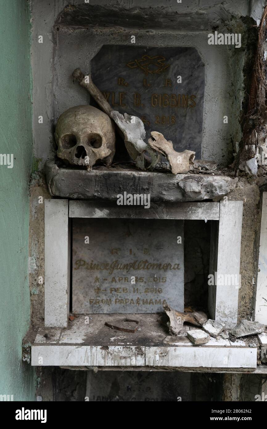Ein menschlicher Schädel und Knochen, die auf dem Rand eines Grabes innerhalb des Calamba-Friedhofs, Cebu City, Philippinen, ruhen.Es ist nicht ungewöhnlich, Überreste des Dekease zu finden Stockfoto