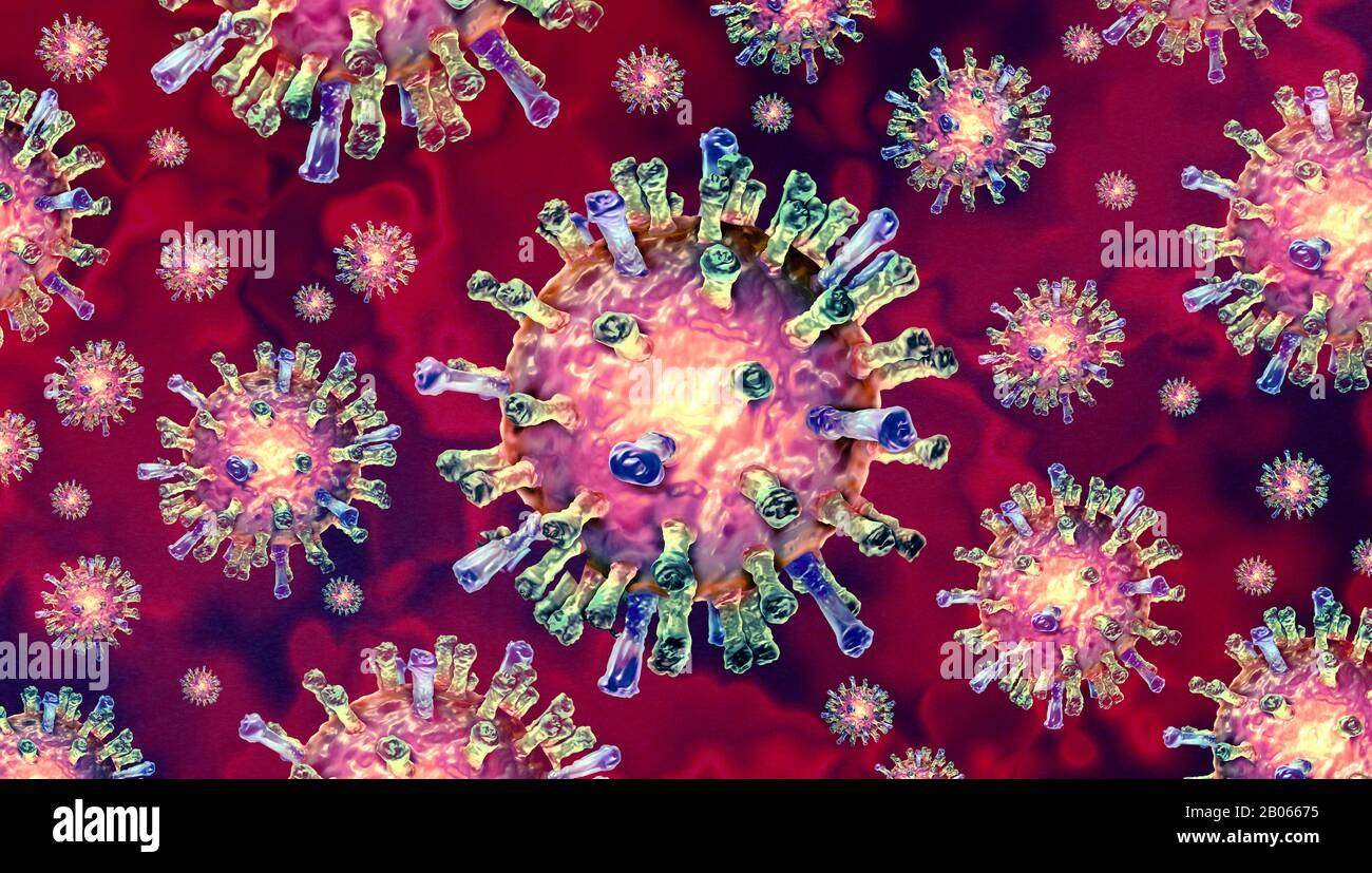 Coronavirus Global Outbreak und Coronaviren Influenza-Hintergrund als gefährliche Grippe-Strain-Fälle als pandemic Medical Health Risk Konzept. Stockfoto