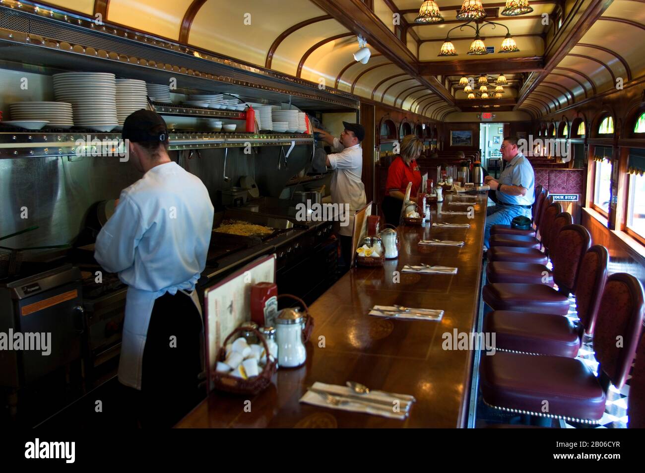 USA, STAAT WASHINGTON, SPOKANE, FRANKS DINER, UMGEBAUTER ALTER PULLMAN-EISENBAHNWAGEN, INTERIEUR Stockfoto