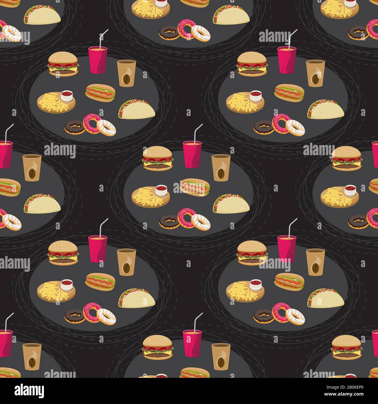 Fast-Food-Set Hamburger Heißhundgetränke Pommes frites Donuts Burrito nahtloses Muster schwarz. Vektorbild. Stock Vektor