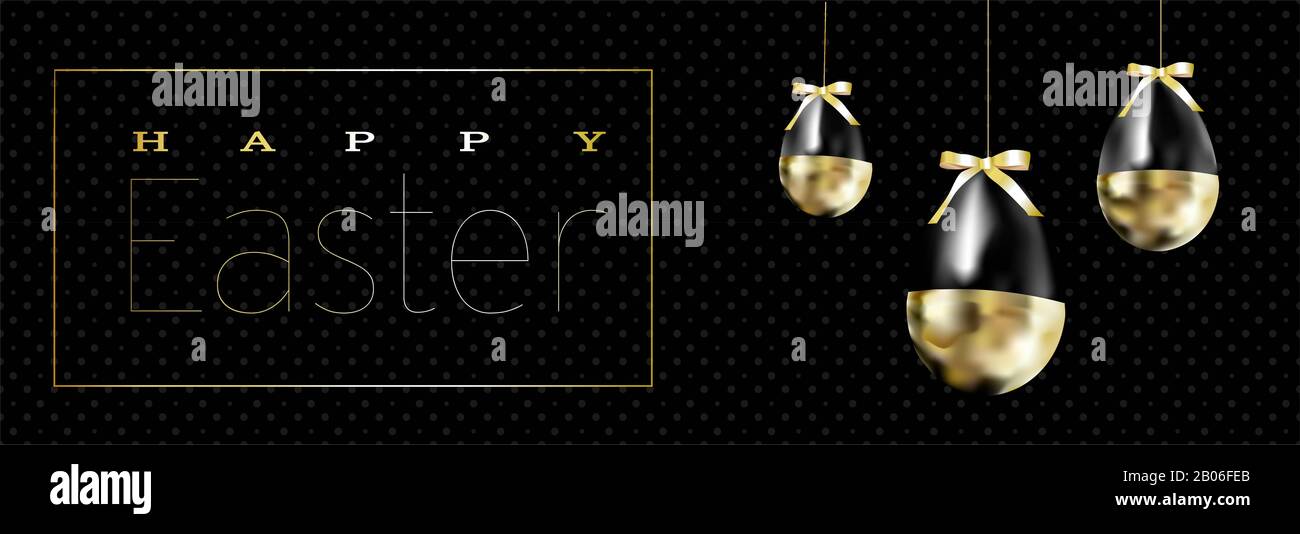 Fröhlicher oster-schriftzug-Hintergrund mit realistisch goldenem Glitter verzierten Eiern, Konfetti, goldenem Pinsel-Splash. Abbildung für Grußkarte, Splash Stockfoto