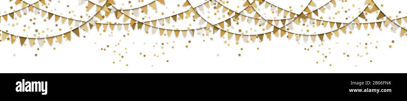 EPS 10 vector Abbildung: Nahtlose goldfarbenem Girlanden und Konfetti der Sterne auf weißen Hintergrund für Sylvester Party oder Karneval Vorlage Nutzung Stock Vektor
