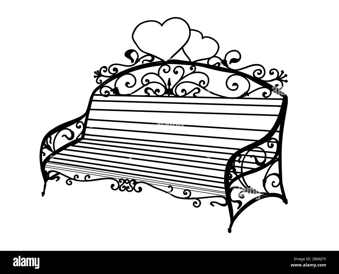 Kunstschmieden. Schmiedegeschäft. Der Sitz ist aus Metall. Locken. Gartenbank. Parkbank. Außenmöbel. Terrasse. Stockfoto