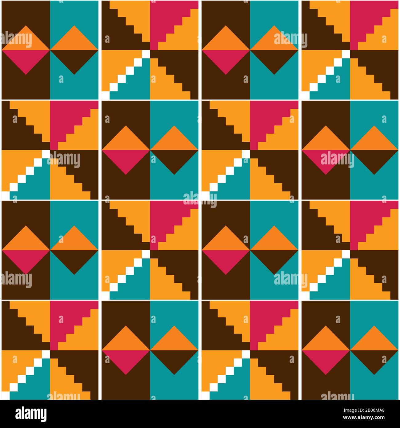 Ghana Afrikanische Stammes Kente Stoffstyle Vektor nahtloses Textilmuster, geometrisches Nwentom-Design in Orange, Rot, Braun und Türkis Stock Vektor
