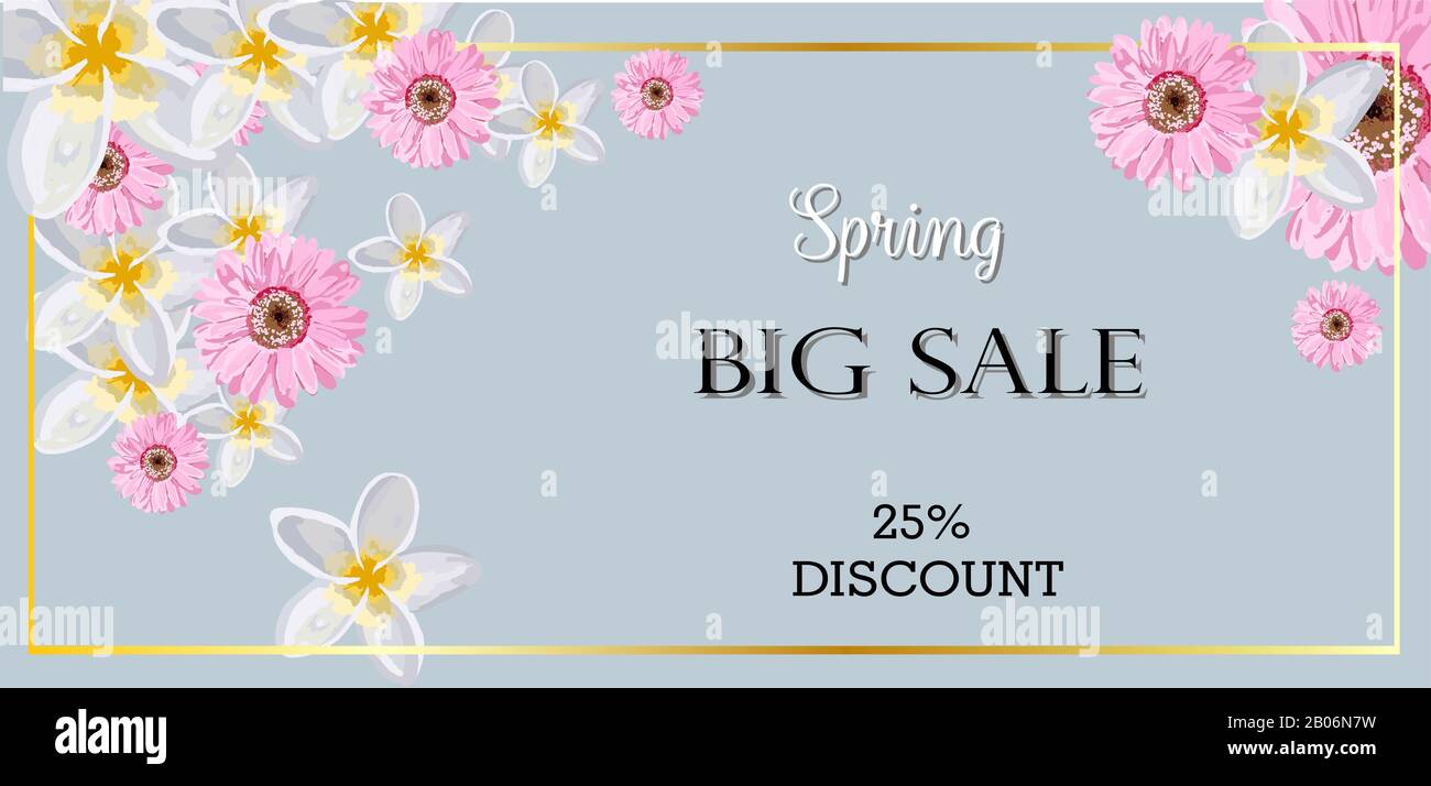 Großer Frühlingsverkauf. Horizontales Banner mit Blumen. Sonderangebot. Ein Rabatt. Stockfoto